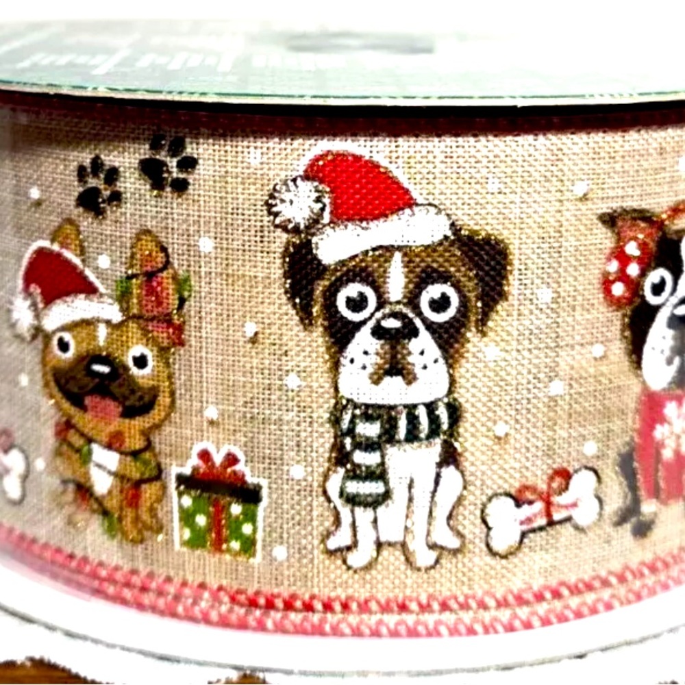 Christmas Dog RIBBON 2.5" Wire-Edge Natural background w/white Red & Gold puppy